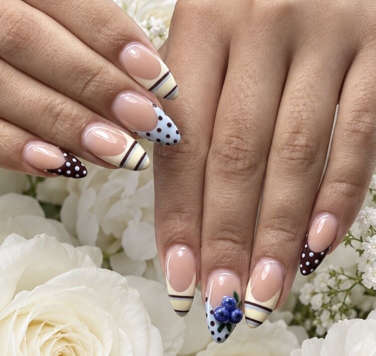 Blueberry and polka-dot nail art by Vivid Nails & Spa